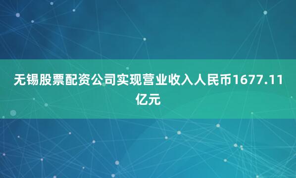无锡股票配资公司实现营业收入人民币1677.11亿元